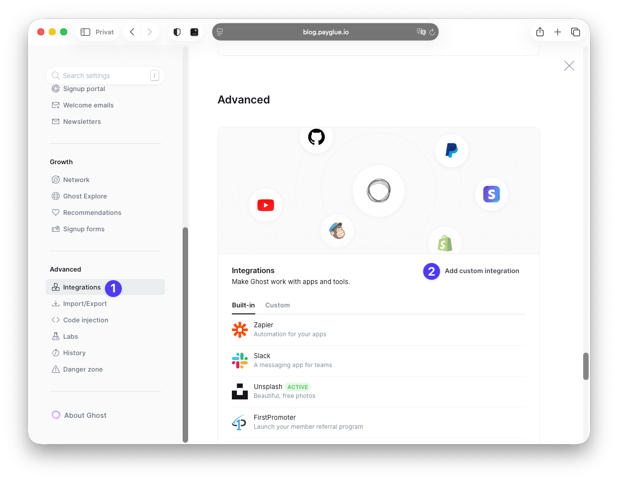 The Add custom integration button in Ghost’s Integrations settings