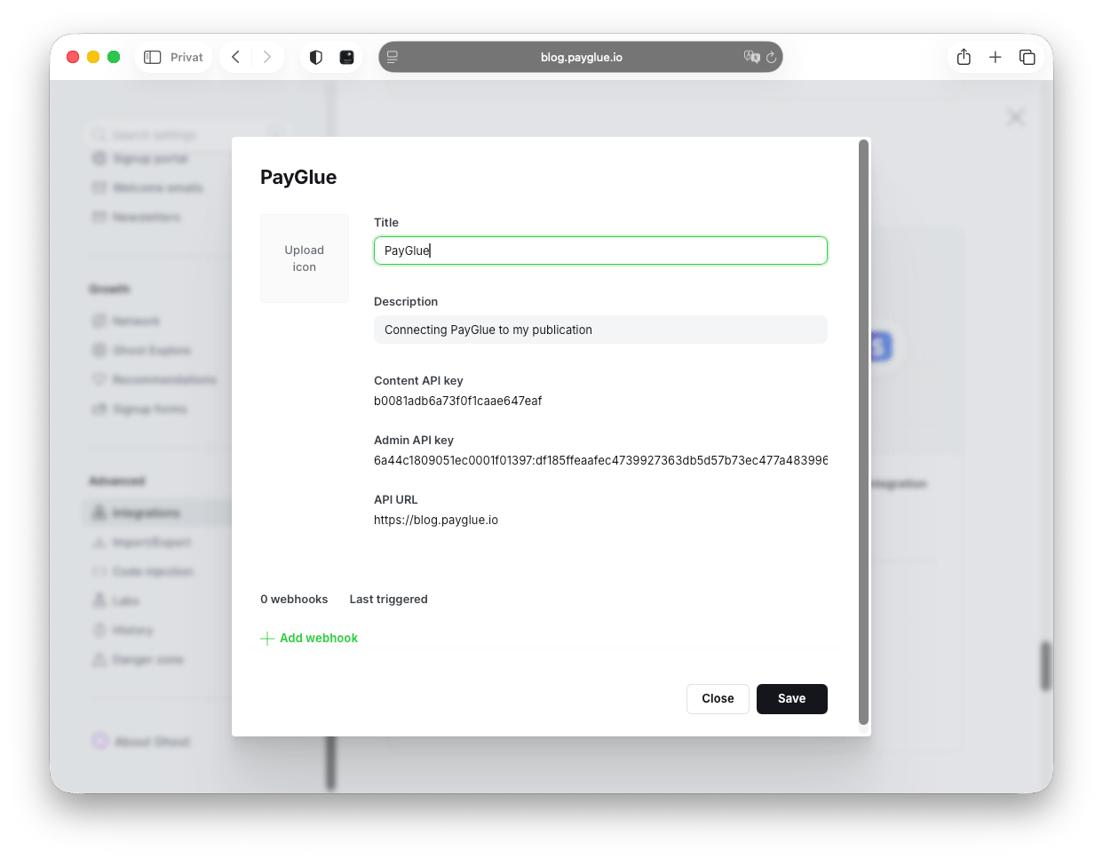 Ghost showing the Content API key, Admin API key and API URL for a custom integration