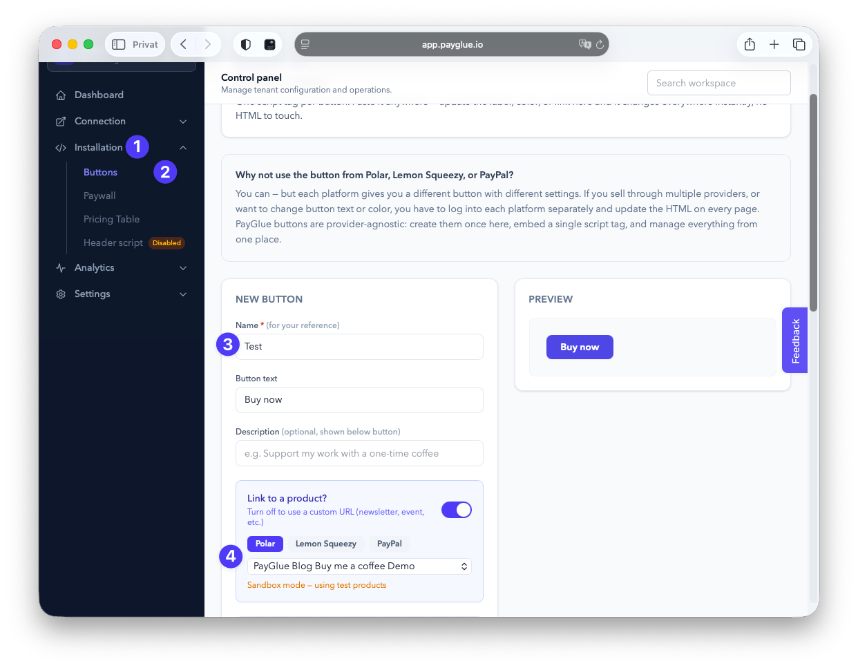 A product picker in the PayGlue editor loading products from Polar automatically