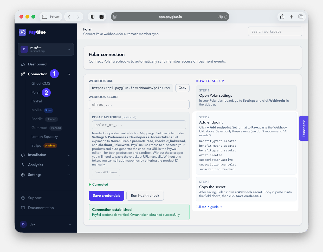 The PayGlue Polar connection page with credential fields and setup steps