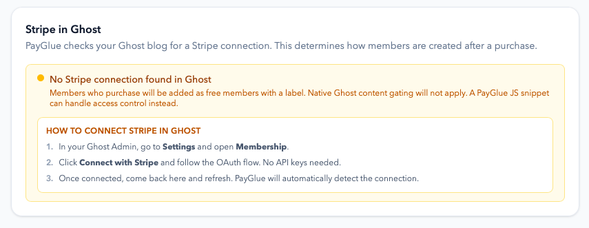 A connection page showing Stripe as a status indicator rather than a required step