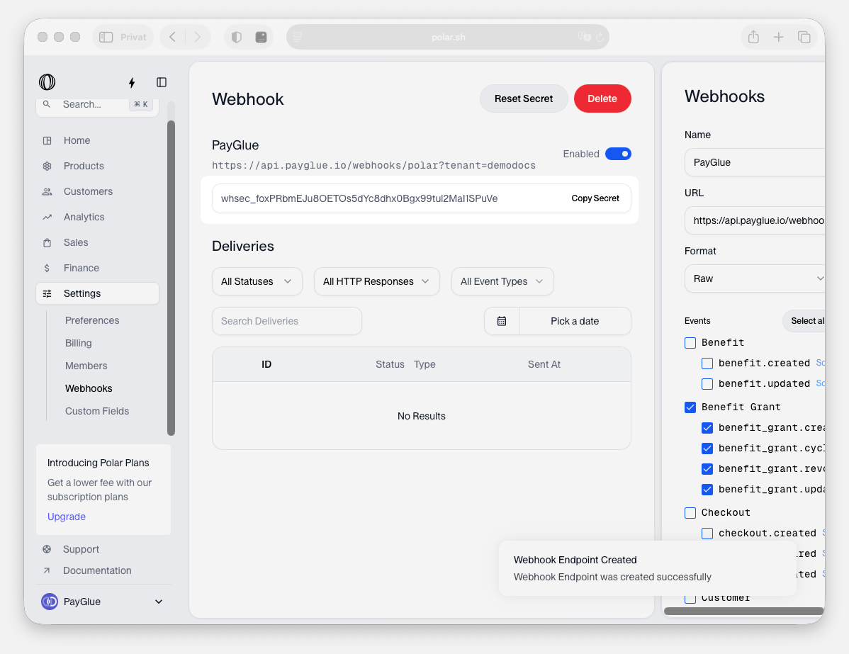 Polar showing the signing secret for a saved webhook endpoint