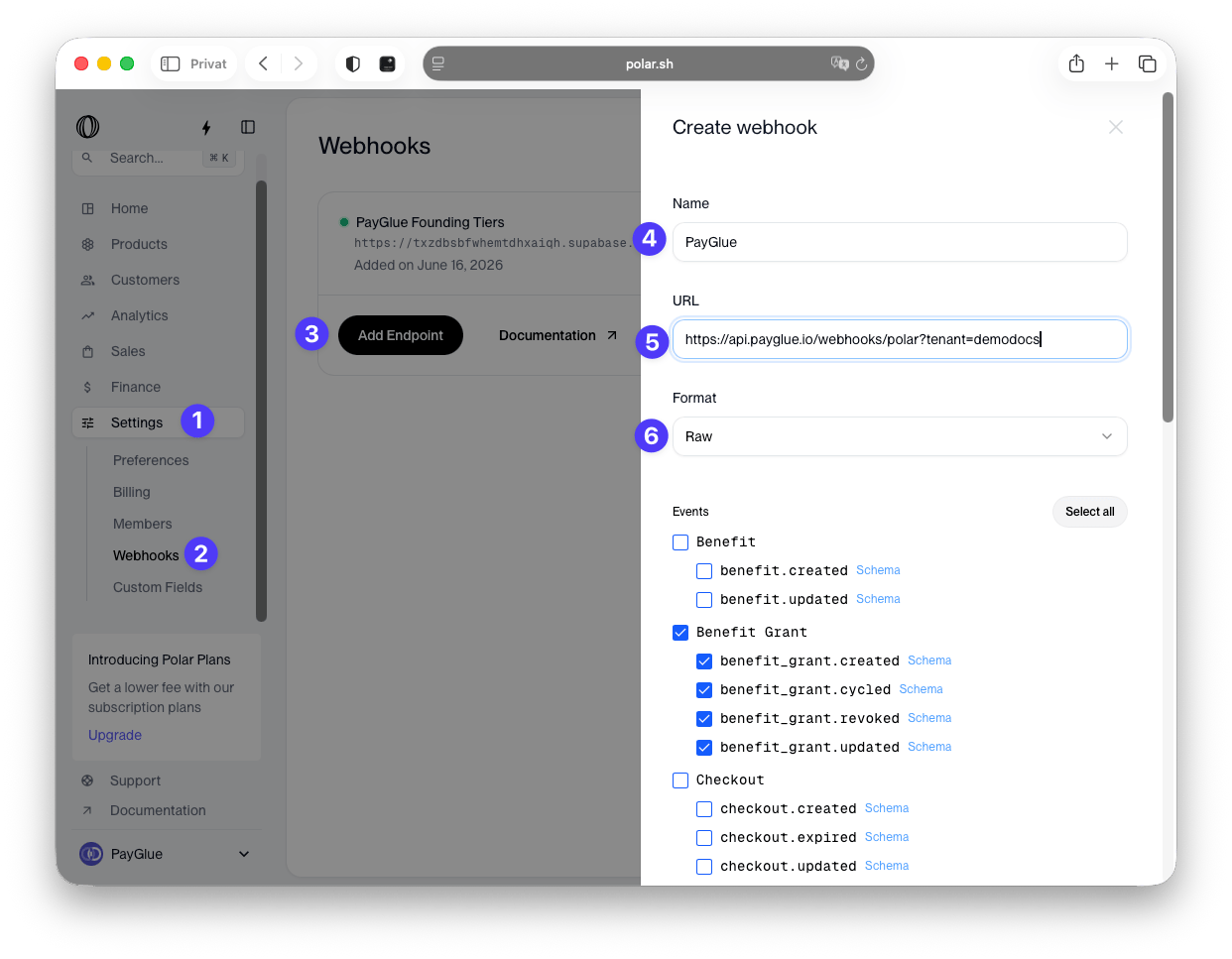 Polar’s webhook endpoint form with URL, format and event selection