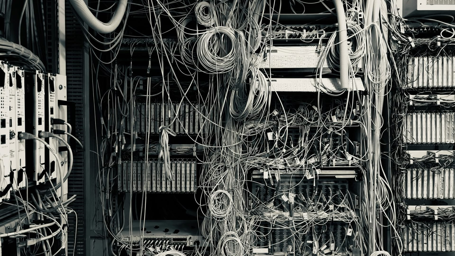 A dense tangle of patch cables filling a server rack, in black and white