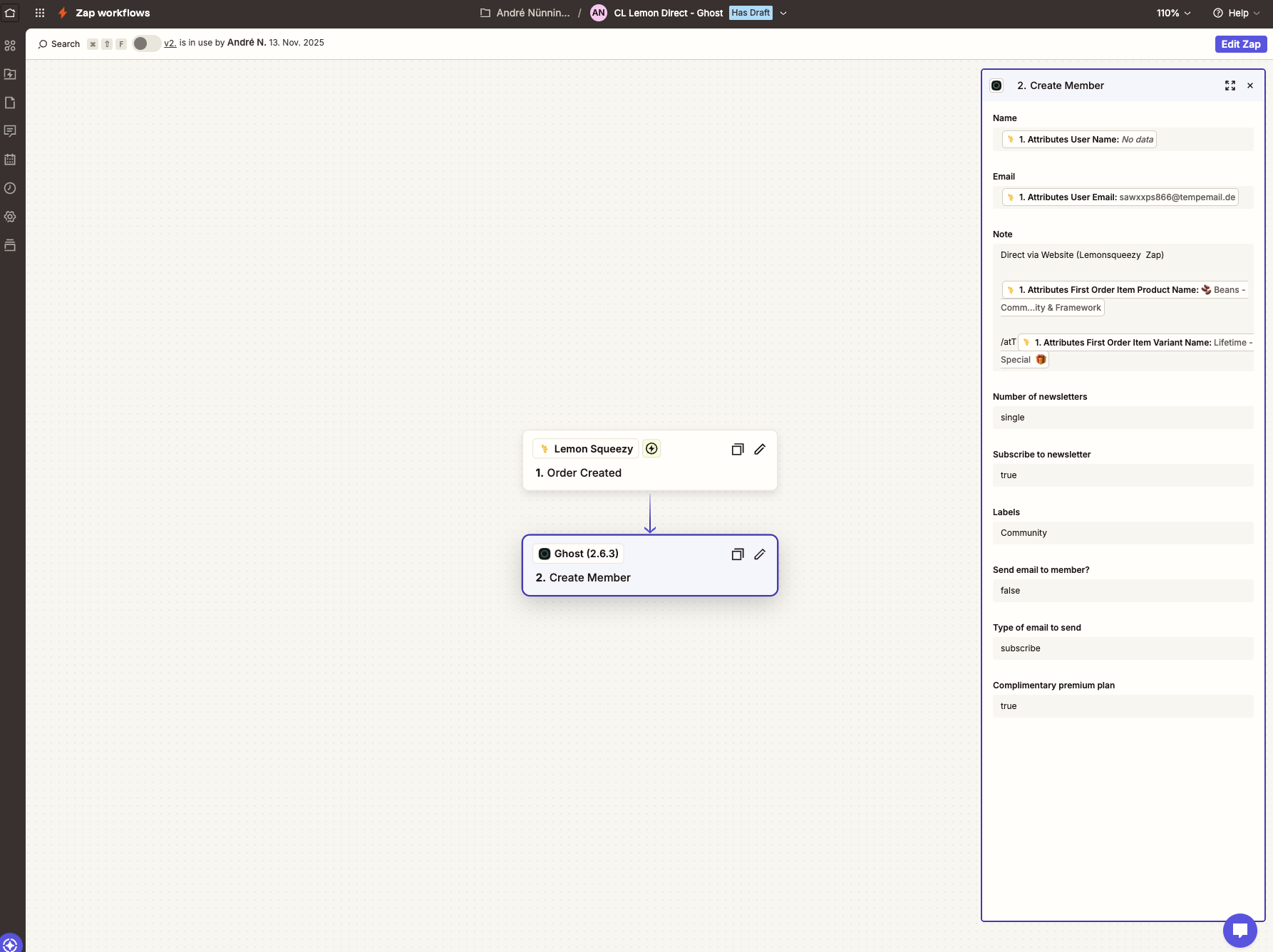 A screenshot of a Zapier workflow connecting Lemon Squeezy to Ghost