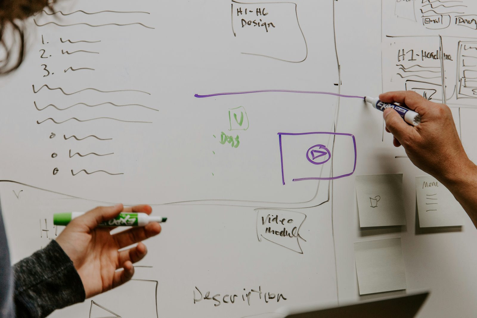 Two people sketching a page layout on a whiteboard in marker