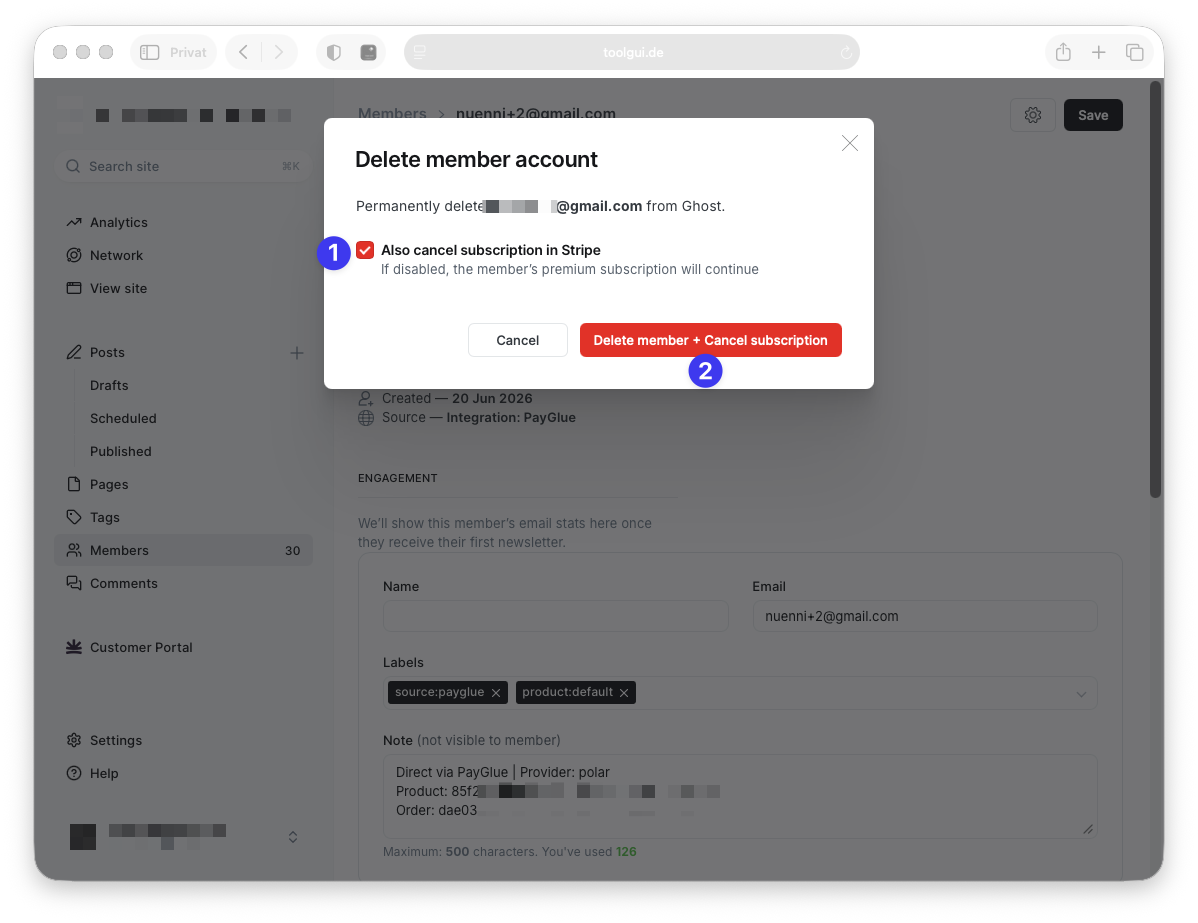 Ghost’s delete dialog for a member with a complimentary subscription. A checkbox offers to also cancel the subscription in Stripe, with a note that the premium subscription will continue if it is disabled, and a confirm button reading Delete member and Cancel subscription.