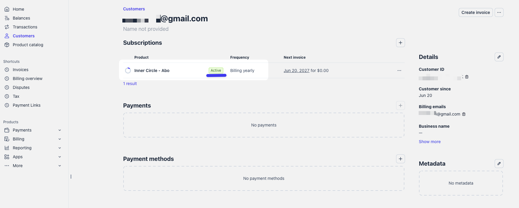 A customer in the Stripe dashboard with one active subscription. The product is a yearly plan, the next invoice is for 0.00, and the customer has no payments and no payment methods on file.