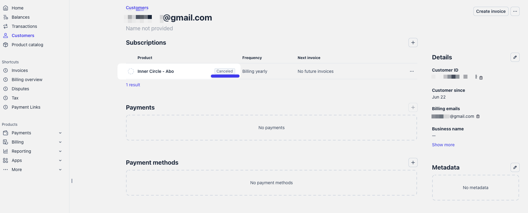 The same Stripe customer after the membership ended. The subscription now shows Canceled and there are no future invoices.