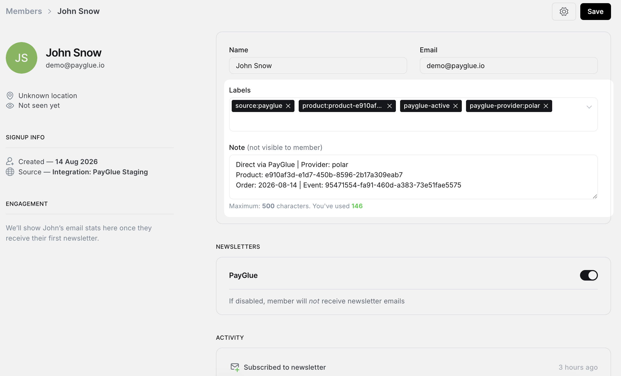A member in Ghost Admin created by PayGlue. Four labels read source:payglue, product, payglue-active and payglue-provider:polar. The note below records the provider, the product id and the order date with the event that carried it.