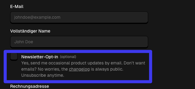 The newsletter opt-in checkbox on the PayGlue checkout page, unchecked by default