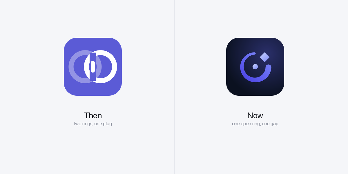 The old PayGlue icon, two overlapping rings and a bar, next to the new one, a single open ring with a diamond and a dot