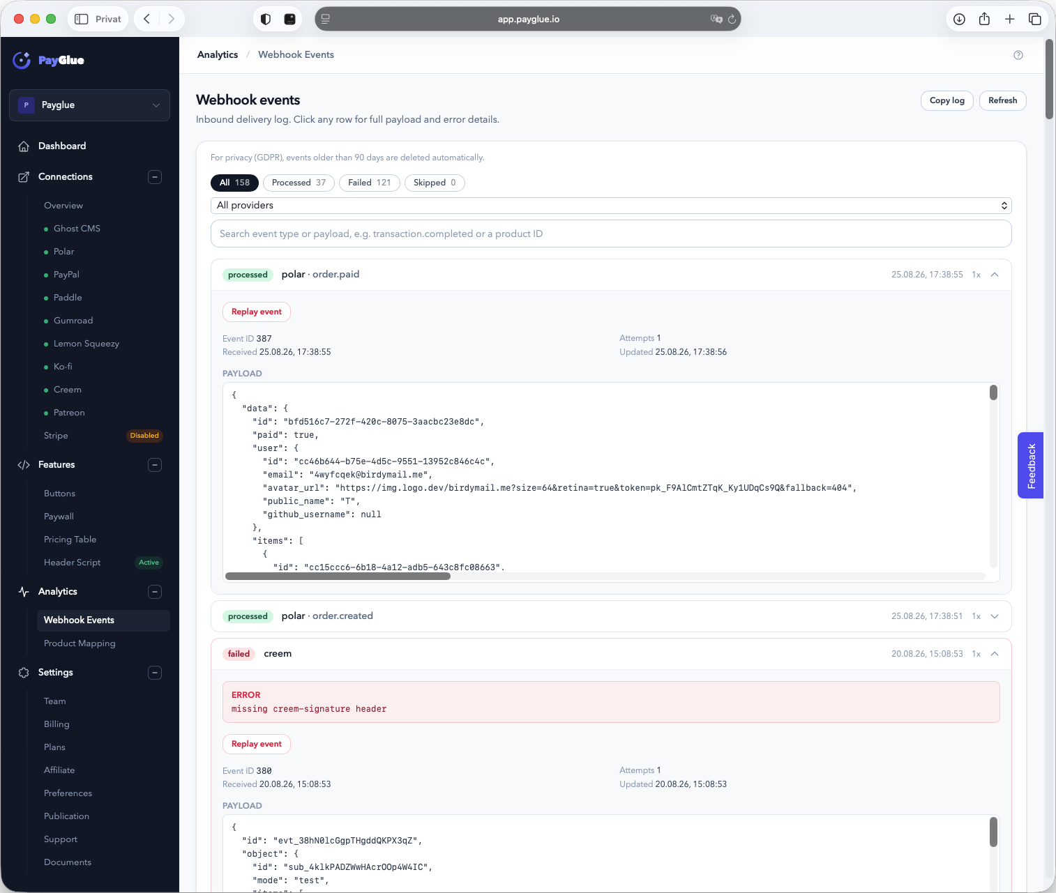 The webhook events page in PayGlue: a processed Polar order.paid event with its full payload and a Replay event button, and below it a failed Creem event with the error missing creem-signature header.