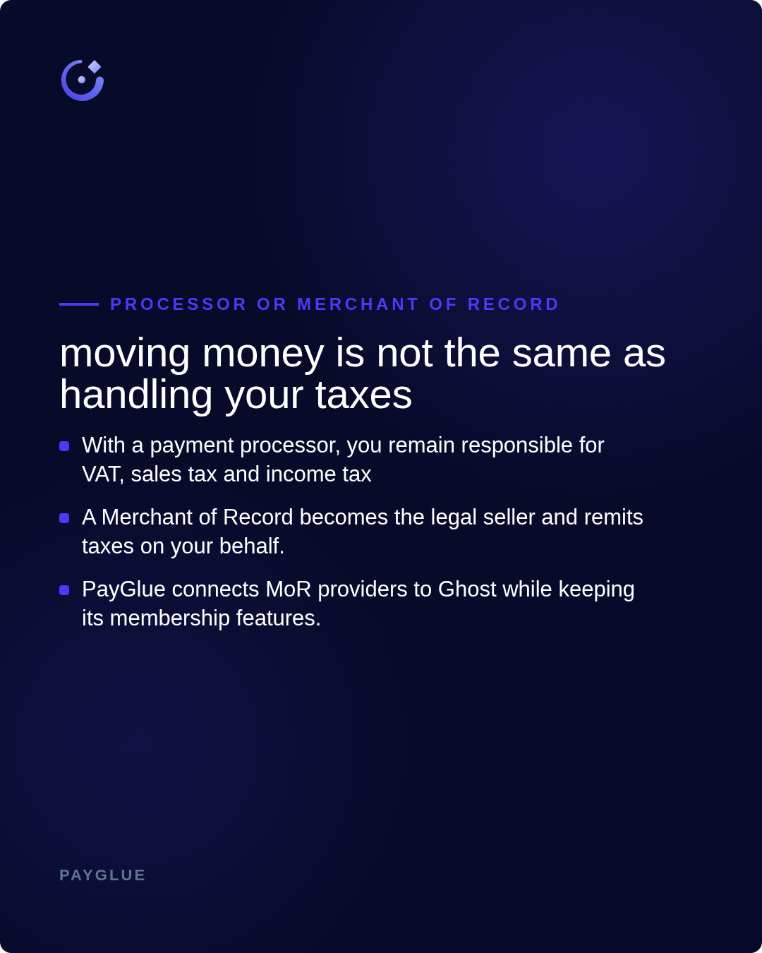 Slide: Processor or merchant of record. Moving money is not the same as handling your taxes. With a payment processor you remain responsible for VAT, sales tax and income tax. A merchant of record becomes the legal seller and remits taxes on your behalf. PayGlue connects MoR providers to Ghost while keeping its membership features.
