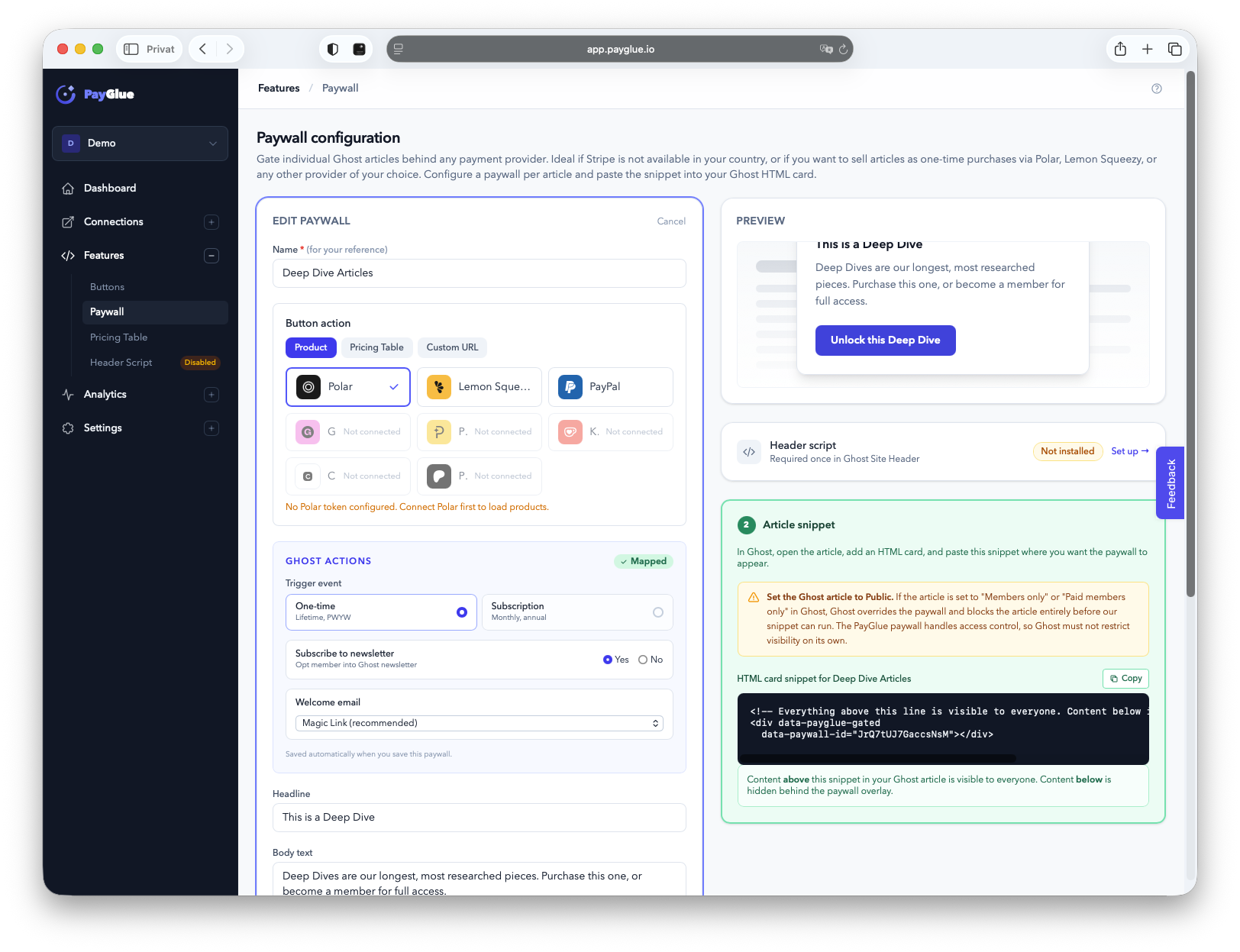 The paywall configuration in the PayGlue dashboard: provider and product on the left, the Ghost actions, the overlay preview on the right, and the article snippet step with the note to set the Ghost article to Public