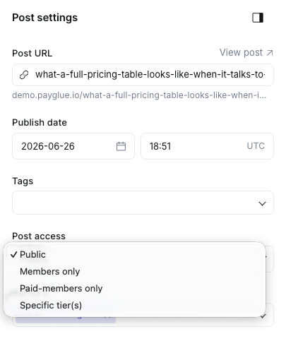 Ghost’s Post access setting in the post sidebar, with four choices: Public, Members only, Paid-members only and Specific tiers