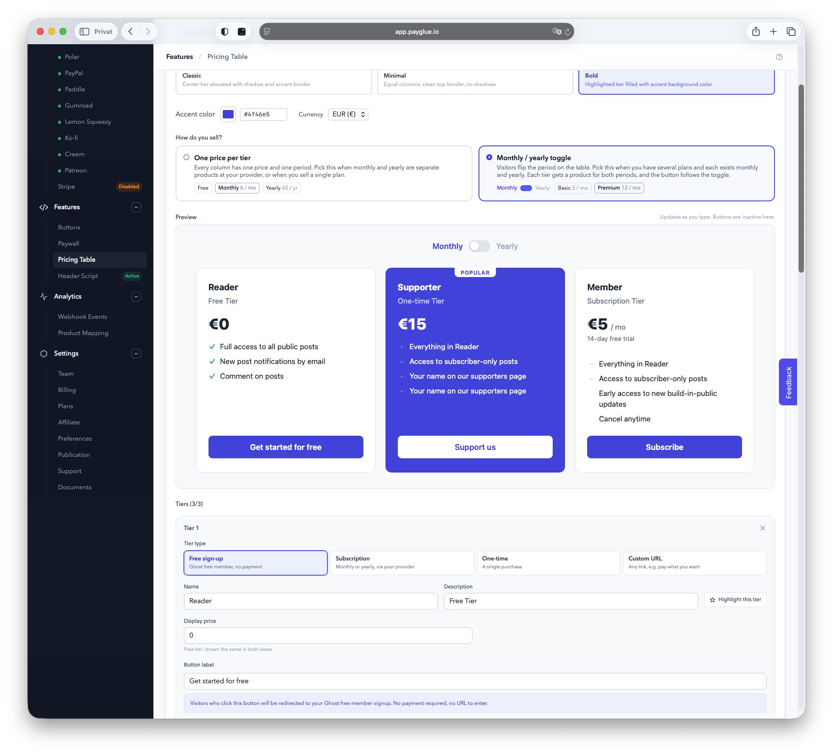 The pricing table editor in PayGlue: the question How do you sell with its two answers, the live preview with a free, a one-time and a subscription tier, and the first tier card below