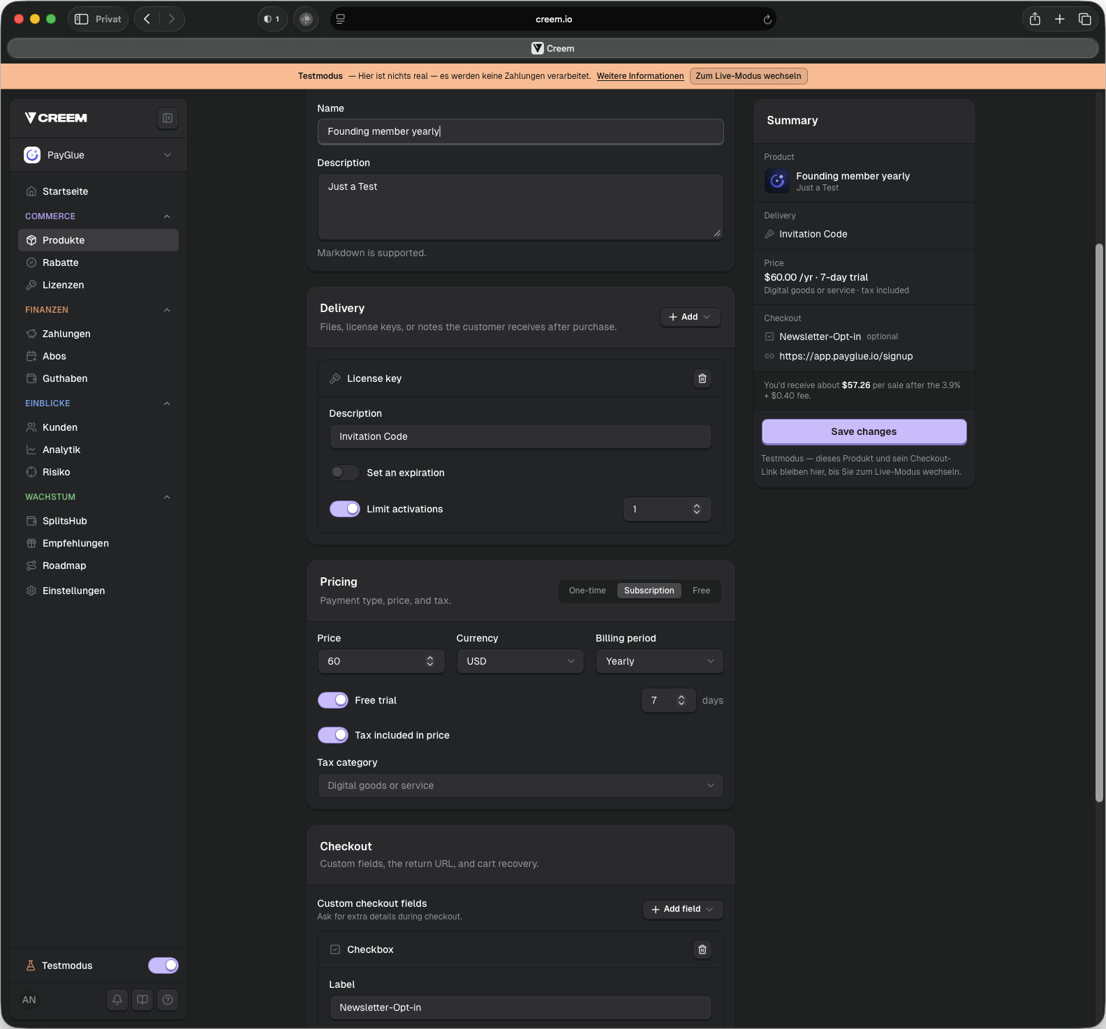 Creem’s product form in test mode: the name Founding member yearly, pricing set to Subscription, 60 USD with a yearly billing period, a 7-day free trial, tax included in the price, and a license key delivery called Invitation Code