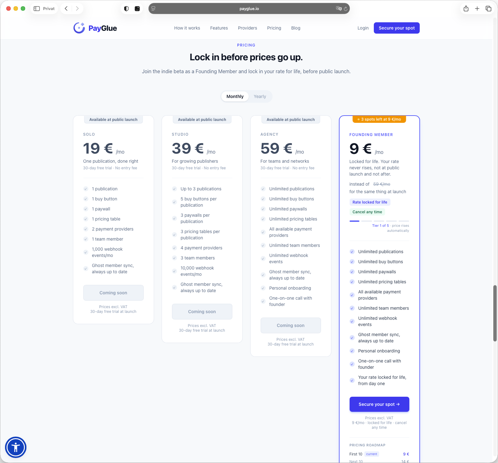 The PayGlue pricing page: Solo, Studio and Agency marked as available at public launch, and the Founding Member tier at nine euros a month with the note locked for life, tier one of five, three spots left