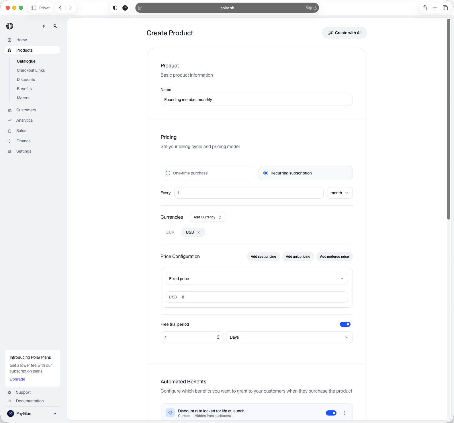 Polar’s Create Product form: the name Founding member monthly, Recurring subscription every 1 month, USD as the currency, a fixed price of 6, a 7-day free trial, and an automated benefit named Discount rate locked for life at launch