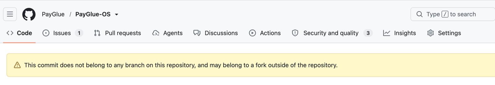 A GitHub commit page showing a yellow warning banner reading: this commit does not belong to any branch on this repository, and may belong to a fork outside of the repository