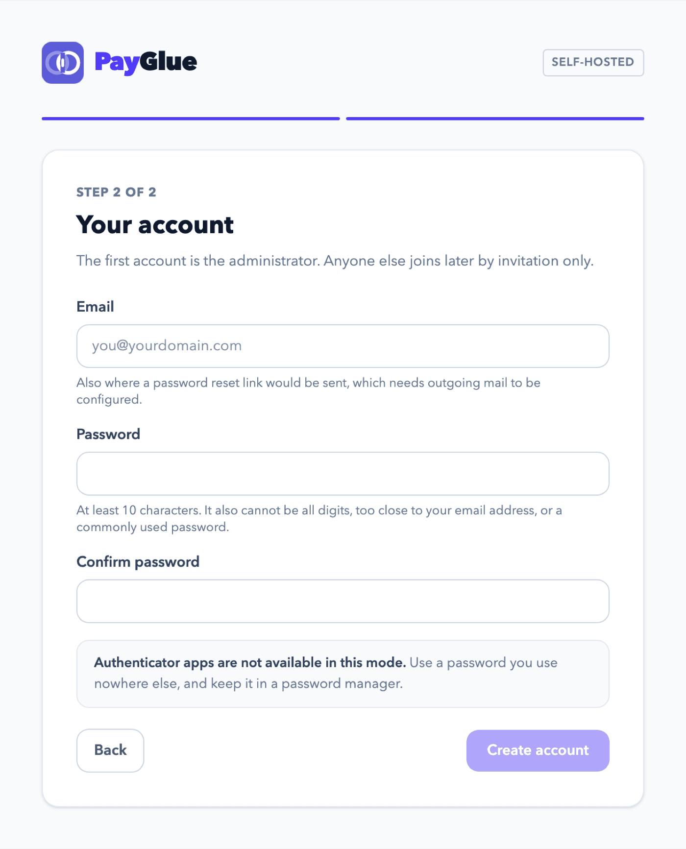 Step two of the wizard, a form for the first account with email, password and confirmation, the password hint naming the four rules the server enforces, and a note that authenticator apps are not available in this mode